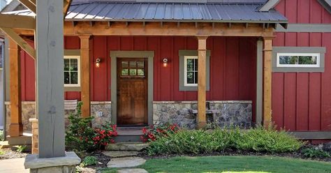 A lakeview country home provides plenty of farmhouse touches and rustic accents Hamburg, Cabin Compound, Red House Exterior, Cabin Colors, Window Framing, Red Farmhouse, Red Houses, Custom Farmhouse, Country Lane