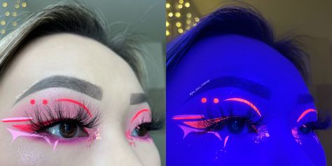 Neon Eyeliner Tutorial, Neon Pink Rave Makeup, Uv Liner Makeup, Pink And Black Graphic Liner, Neon Eye Makeup Looks, Uv Eyeliner Looks, Cyberpunk Eyeliner, Neon Liner Makeup, Cyberpunk Makeup Ideas