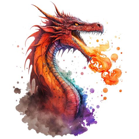 This design is available on stickers, t-shirts, mugs, posters, and much more on Redbubble.com! This watercolor painting captures the raw power and majesty of a red fire-breathing dragon. Its fierce gaze is locked onto its viewer as it unleashes a fiery breath weapon. The dragon appears to be emerging from a cloud of smoke, adding to the dramatic effect of the piece. This mythical creature will be appreciated by dragon lovers, Dungeons & Dragons gamers, and Pathfinder players. Dragon Fire Drawing, Dragon Blowing Fire Drawing, Fire Breathing Dragon Art, Dragon Blowing Fire, Fire Dragon Drawing, Paint Dragon, Dragon Breathing Fire Drawing, Painting Dragon, Dragon Breath