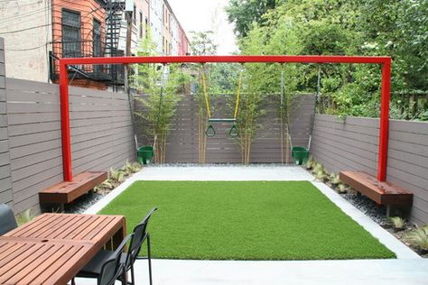 Swing for a small outdoor space, back yard. Just add SYNLawn for an easy to maintain and safe area to play. Kid Friendly Backyard, Custom Backyard, Urban Backyard, Backyard Ideas For Small Yards, Play Area Backyard, Relaxing Backyard, Backyard Playground, Backyard Play, Child Friendly