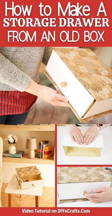 Turn an old box into a gorgeous decorative drawer! This upcycled box drawer for storage is an ideal addition to any shelf or table! This easy DIY storage drawer is a great addition to any room. #boxdrawer #upcycledbox #cardboard #homedecor #easycrafts Book Shelf Storage Ideas, Diy Storage Drawers, Cardboard Box Storage, Cardboard Decor, Diy Organizers, Cardboard Drawers, Cardboard Box Diy, Cardboard Projects, Diy Box Crafts