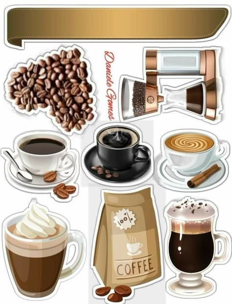 Scrapbook Coffee Theme, Cafe Stickers, Aesthetic Clipart, Birthday Cake Topper Printable, Coffee Cards, Coffee Theme, Coffee Stickers, Scrapbook Stickers Printable, Bullet Journal Stickers