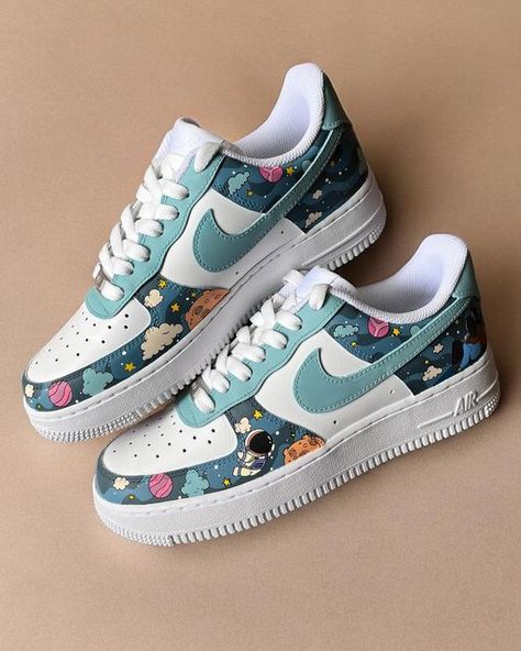 Moreiarty | Custom Sneakers on Instagram: "Cosmic Odyssey AF1s: His and Hers  For the love of stars and the space.  A set of wedding sneakers for a couple that shares mutual love for star gazing and exploring the cosmos. The color palette is matched to their wedding outfits with details of space handpainted on Nike Air Force 1s.   Share this with someone who is fascinated by the sky and beyond. 🌌  Handpainted • Permanent Art • Made to Order   Visit the link in bio to know the details and place your order.  Custom sneakers for your wedding, what do you think?  (Space themed sneakers, custom sneakers, Nike Air Force 1 customs, custom made, wedding sneakers)  #weddingsneakers #custommade #customsneakers #spaceart #space" Space Air Force 1, Custom Sneakers Nike, Mutual Love, Sneakers Nike Air, Custom Jordans, Nike Air Force 1 Custom, Nike Air Force 1s, Air Force 1s, Wedding Sneakers