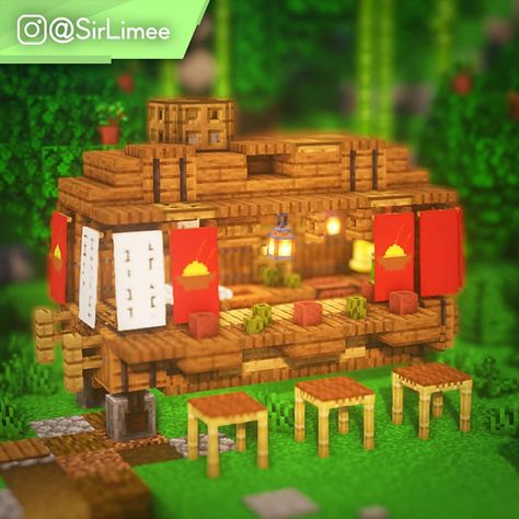 SirLimee | Minecraft Builder on Instagram: “A nice Ramen Cart design i made for you, the banners are inspired by TheBlackBeltPanda on YT. Admire that smiling panda on the 4th picture…” Minecraft Outdoor Restaurant, Minecraft Cart Build, Minecraft Food Truck Ideas, Minecraft Japanese Furniture, Minecraft Ramen Cart, Small Shops Minecraft, Anime Inspired Minecraft Builds, Cute Minecraft Market Stalls, Minecraft Food Stand Ideas