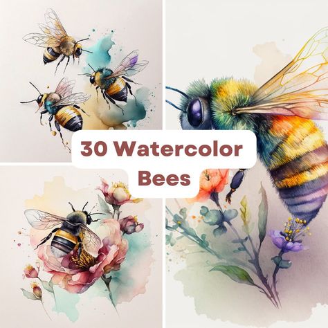 Cute Bee Art, Honeybee Art, Bee Images, Bee Clipart, Bee Painting, Watercolor Cute, Diy Watercolor Painting, Bee On Flower, Bee Art