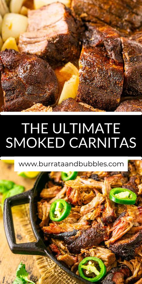 Pork Carnitas Traeger, Mojo Pork Smoker, Carnitas On The Smoker, Carnitas Smoker Recipe, Smoked Pork Shoulder Carnitas, Pulled Pork Loin Smoker Recipes, Food For Smoker, Healthy Smoked Meat, Traeger Carnitas