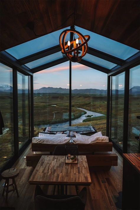 Luxury Tiny Homes, Bedroom View, Glass Cabin, Airbnb Ideas, Iceland Trip, Lodge Cabin, Luxury Lodge, Casa Container, See The Northern Lights