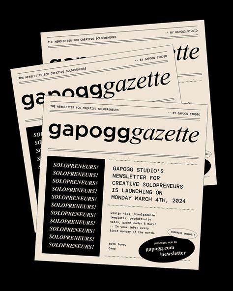 🗞️ The gapogg gazette newsletter for creative solopreneurs is sent out every first Monday of the Month.   Design tips, talking about organisation and productivity tools, chating about solopreneurship and learning from each other. Remember, we’ll all in this together! Creative Newsletter Design, Creative Newsletter, Month Design, Small Habits, Business Newsletter, First Monday, Branding Projects, Productivity Tools, Dream Business