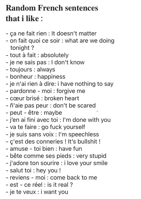 French Basic Phrases, Aesthetic French Phrases, Sweet French Words, French To English Quotes, French Slang Phrases, French Journal Aesthetic, Cute French Phrases, Learning French Notes, French Language Learning Aesthetic