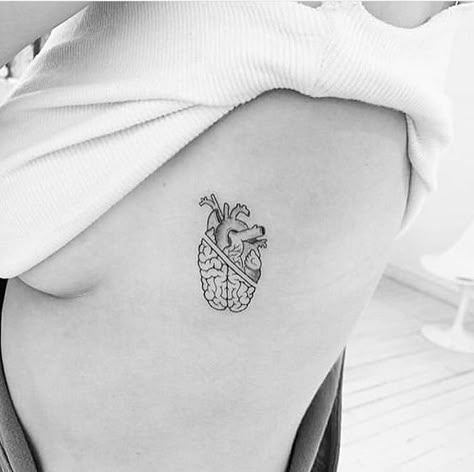 Fine Line Tattoo Heart Brain, Heart Tattoo With Color, Brain Tattoo Ideas Simple, Psychologist Tattoo Ideas, Psychology Tattoo Minimalist, Stop Tattoo, Heart And Brain Tattoo, Psychology Tattoo, Red Tattoo Ideas