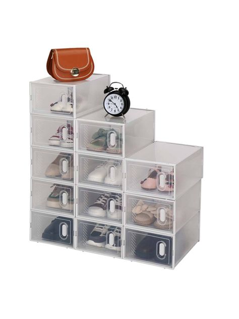 Shoe Storage Boxes 12 Pack Clear Plastic Stackable - White | SHEIN USA Shoe Storage Boxes, Shoe Containers, Shoes Flip Flops, Plastic Shoe Boxes, Stackable Shoe Rack, Dorm Accessories, Foldable Shoes, Pvc Door, White Storage