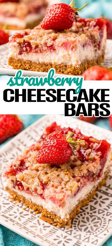 Delish Strawberry Cheesecake Bars, Strawberry Bars Recipes Cake Mixes, Strawberry Recipes With Fresh Strawberries, Essen, Pie, Frozen Strawberry Bars, Strawberry Cobbler Cheesecake, Strawberry Crumble Cheesecake Bars, Fruit Bars Made With Jam