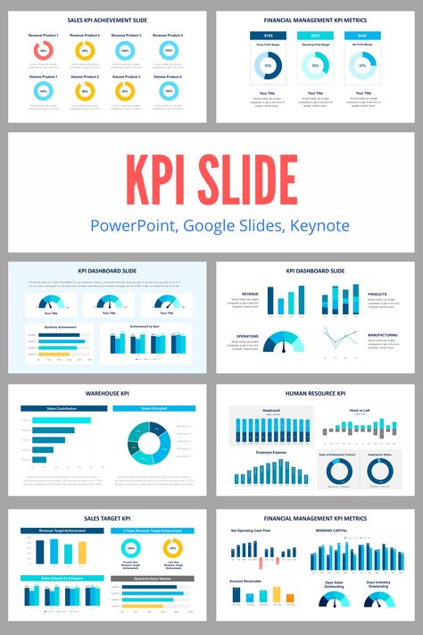 $3.99 . KPI slides for business presentation - compatible in PowerPoint, Google Slides, and Keynote. Ready animated slides, easy to edit. #KPI #Slides #PowerPoint #Keynote #GoogleSlides #Design #Template Kpi Presentation Design, Kpi Infographic, Kpi Business, Dashboard Design Template, Excel Dashboard Templates, Dashboard Examples, Data Science Learning, Kpi Dashboard, Microsoft Excel Tutorial