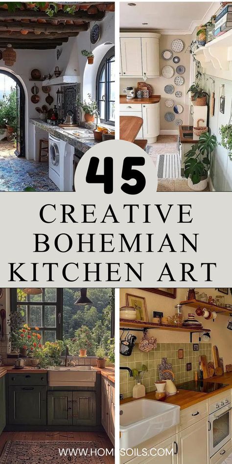 Discover 45 creative Bohemian kitchen art displays to add a touch of whimsy and charm. Explore eclectic artworks, vibrant patterns, and unique decor perfect for enhancing your kitchen's boho vibe. Transform your space with these inspiring art display ideas. Bohemian Kitchen Ideas, Small Open Plan Kitchens, Bohemian Kitchen Decor, Bohemian Style Kitchen, Boho Style Kitchen, Best Kitchen Layout, Boho Kitchen Ideas, Patterned Tile Backsplash, Coastal Kitchen Decor