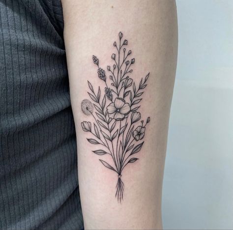 Nature, Bundle Of Wildflowers Tattoo, Wildflower Tattoo Bicep, Floral Tattoo Back Of Arm, Wildflower Arm Tattoo, Wild Flowers Tattoo Design, Small Wildflower Tattoo, Wildflower Bouquet Tattoo, Floral Bouquet Tattoo