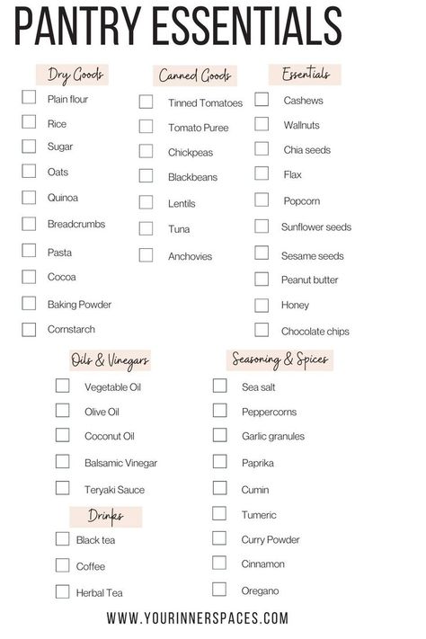 Pantry Food Ideas, Pantry Items List, Pantry Basics List, Pantry Restock List, Pantry Organization Categories, Realistic Pantry Organization, Storage Containers Organizing, Declutter Pantry, Declutter Printable