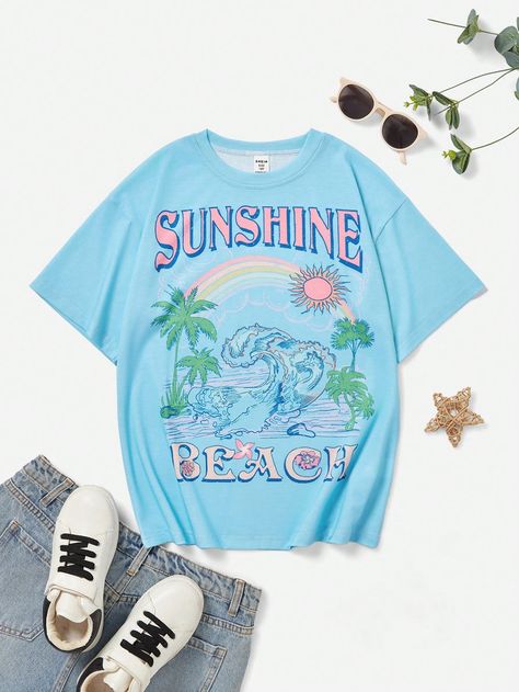 Tween Girl Round Neck Cartoon And Letter Print Short Sleeve T-Shirt For Summer Baby Blue Casual  Short Sleeve Polyester Graphic,Letter,Tropical  Slight Stretch,Medium Stretch  Tween Girls Clothing, size features are:Bust: ,Length: ,Sleeve Length: Manche, Stella Fashion, Beachy Stuff, Cute Beach Outfits, Preppy Tops, Preppy Clothes, Preppy Summer Outfits, Casual Outfits For Teens, Casual Preppy Outfits