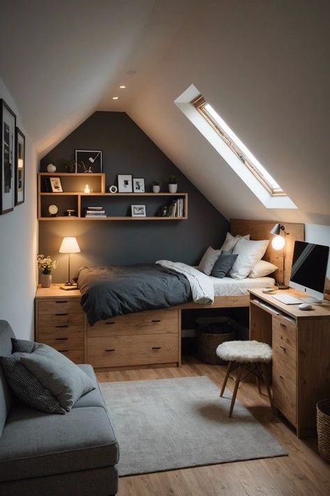 Loft Angled Ceiling, Platform Bed Attic Room, Small Window Room Ideas, Elevated Bedroom Design, Vaulted Attic Bedroom, Industrial Attic Bedroom, Home Office Angled Ceiling, Small Room Loft Bed Ideas For Low Ceiling, Small Bedroom Attic Ideas