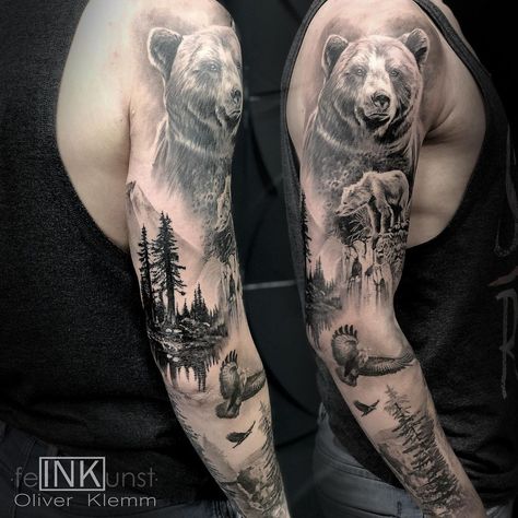 Bear Nature Tattoo, Wildlife Tattoo Sleeve, Realistic Nature Tattoo, Realistic Bear Tattoo, Grizzly Bear Tattoos, Black Bear Tattoo, Unique Animal Tattoos, Nature Sleeve, Tattoo Perna