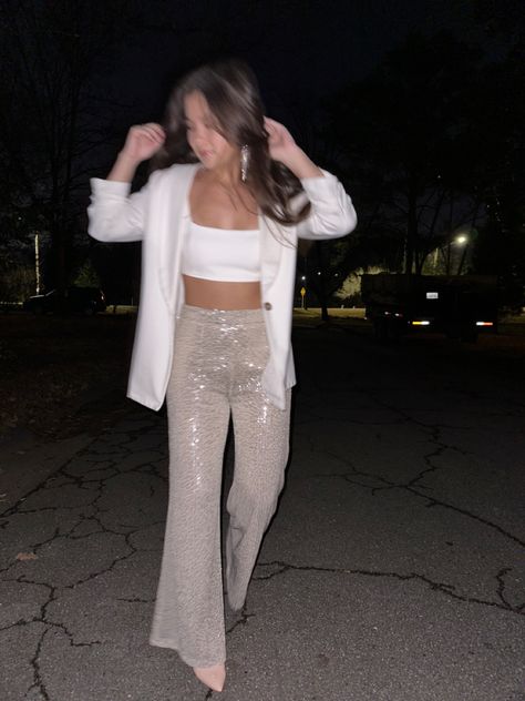 Party Outfits Night Pants, Cream Sequin Pants Outfit, 21st Birthday Outfits Pants, White Sparkly Pants, Gold Glitter Pants Outfit, White Sequin Pants Outfit, Silver Sequin Trousers Outfit, White Glitter Outfit, Pink Sequin Pants Outfit