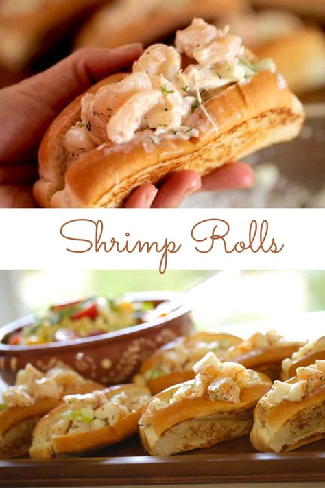 Learn how to make my New England Style Shrimp Rolls, complete with a split-top bun. Serve with my easy corn salad! Everything can be made a day ahead and all you have to do before serving is toast the buns! The perfect hot weather meal for summer entertaining. #shrimprollsrecipe #shrimprollssandwich #easyshrimprolls #entertainingwithbeth Cold Meals For Summer, Shrimp Rolls Sandwich, Cold Dinner Ideas, Shrimp Rolls Recipe, Hot Weather Meals, Easy Corn Salad, Shrimp Rolls, Dinner On A Budget, Meatless Main Dishes