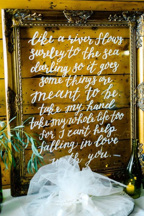 Navy and Gold Barn Wedding in Denver - First Dance Song Lyrics Wedding Sign - Calligraphy hand lettering Wedding Ideas Signs, Music Theme Wedding, Elvis Presley Lyrics, Theme Wedding Ideas, Rustic Signage, Elvis Wedding, Music Themed Wedding, Wedding Day Tips, Cant Help Falling In Love