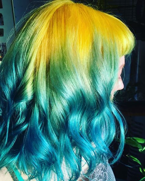 Hair done by me :) yellow and blue hair :)  🐠🐠🐠 Blue Green Yellow Hair, Yellow And Teal Hair, Yellow And Blue Hair, Orange And Blue Hair, Colorful Balayage, Blue Tips Hair, Halsey Hair, Blue Hair Aesthetic, Sunny Hair