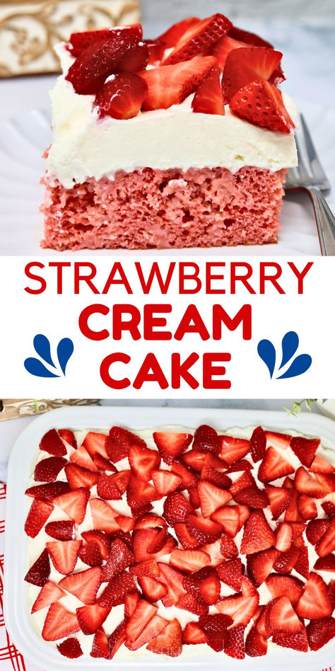 Get ready to fall head over heels for this incredible Strawberry Cream Cake by Gracie Likes Rain! The perfect blend of creamy, luscious strawberry filling and moist cake layers, it's a heavenly summer dessert that you'll want to share with everyone at your next get-together. Pin now, and get ready to wow your friends and family with a slice of this scrumptious confection! Cream Poke Cake, Strawberry Cream Cake, Strawberry Cake Recipe, Strawberry Poke Cakes, Poke Cake Recipe, Strawberry Cream Cakes, Cream Cheese Topping, Strawberry Cake Recipes, Homemade Frosting