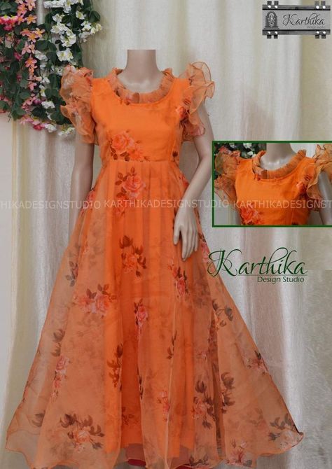 Floral Long Frocks For Kids, Floral Organza Long Frocks Indian, Organza Long Frock Models, Organza Gown Designs, Organza Frocks For Women, Frocks Models, Long Frock Models, Long Frocks For Kids, Floral Long Frocks