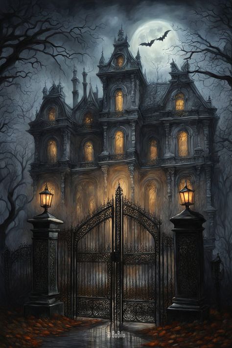 Haunted Manor: Spooky Full Moon Horror Scene 🌕 Dracula Mansion, Haunted Victorian Mansion, Ghost Mansion, Horror Mansion, Halloween Mansion, Haunted House Pictures, Spooky Mansion, Gothic Style Architecture, Haunted Manor