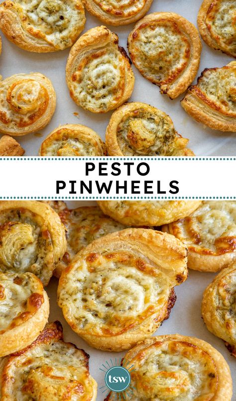 Easy Puff Pastry Pesto Pinwheels - The Schmidty Wife Pesto Puff Pastry Pinwheel, Easy Pastry Sheet Recipes, Pesto Pinwheels Puff Pastry, Pesto Pastry Twists, Essen, Pie, Vege Pinwheels, Ina Garten Puff Pastry Recipes, Finger Food Puff Pastry