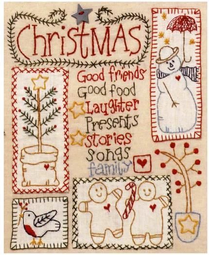 Free pattern: Christmas sampler · Needlework News | CraftGossip.com Redwork Embroidery Patterns, Beginning Embroidery, Christmas Sampler, Primitive Embroidery, Redwork Patterns, Primitive Stitchery, Christmas Embroidery Patterns, Cross Stitch Christmas, Redwork Embroidery