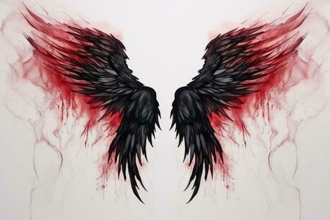 Black angel wings with red smoke on white background. Close-up. Beautiful magic red black wings drawn with watercolor effect, AI Generated Dark Angel Wings, Alas Tattoo, Wing Tattoo Men, Wings Sketch, Fantasy Mythology, Cupid Tattoo, Magic Wings, Black Arch, Angel Wings Art