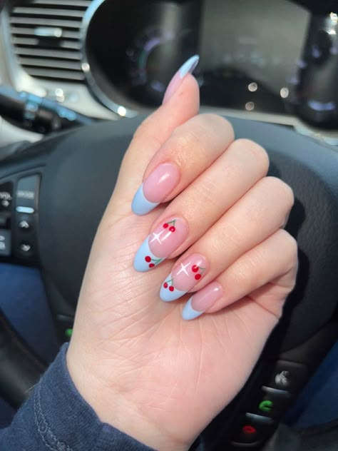 Blue French Tip Cherry Nails, Acrylic Nails With Cherries, Blue Nails With Cherries, French Nails With Cherries, Blue French Acrylic Nails, Blue Cherry Nails, Nails With Cherries, Nails Red Heart, Blue French Nails