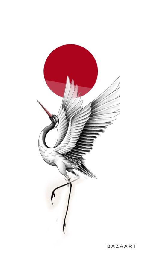 Japanese Botanical Tattoo, Japanese Minimalist Tattoo, Stork Tattoo, Japanese Crane Tattoo, Japanese Crane Art, Crane Logo, Crane Drawing, Ink Tattoo Design, Red Tattoo Ideas