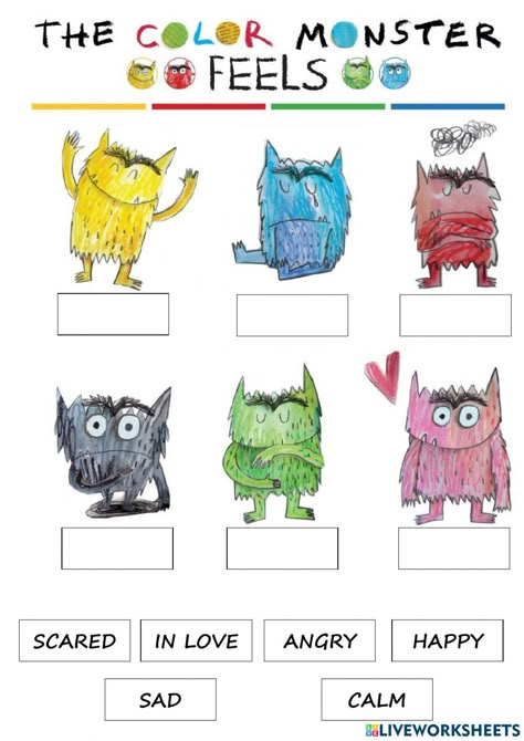 Feelings Monster Activity, Color Monster Template, The Colour Monster Craft, Color Emotions Activity, Color Monsters Emotions, Colour Monster Display Board, Emotions And Colors, Colour Monster Goes To School Activities, Color Monster Free Printable