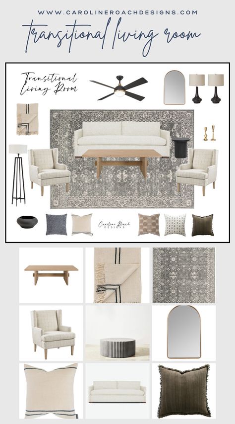 Formal Living Room Transitional, Modern Rustic Transitional, White Sofa Mood Board, Transitional Family Room Interior Design, Transitional Living Dining Room Combo, Transitional Formal Living Rooms, White Oak Living Room Furniture, Transitional Style Mood Board, Classic Transitional Decor