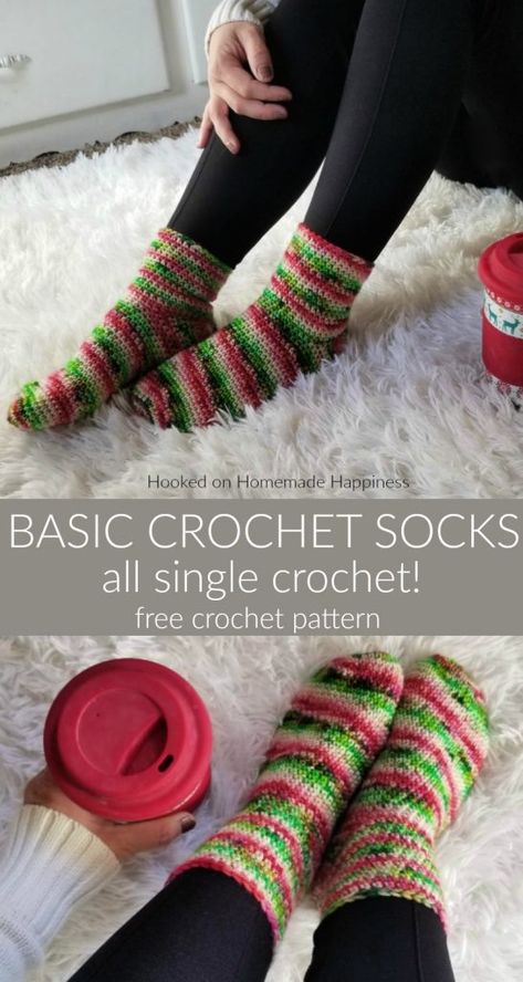 Basic Crochet Socks Pattern - These Basic Crochet Socks Pattern use worsted weight yarn and are all single crochet! They work up surprisingly fast and are beginner friendly. A great Holiday gift. Crochet Socks Pattern Easy, Crochet Socks Slippers, Free Crochet Patterns Worsted Weight Yarn, Easy Crochet Sock Pattern, Sock Yarn Projects Crochet, Crochet Patterns For Wool Yarn, Cashmere Crochet Pattern, Easy Crochet Christmas Gifts Free, Crochet Socks Beginner