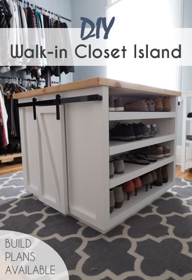 Bedroom Island, Island For Walk In Closet, Closet Center Island, Closet Island Diy, Closet Island Ideas Diy, Small Walk In Closet With Island, Diy Closet Island Ikea Hacks, Small Closet Island Ideas, Closet Island Shoe Storage