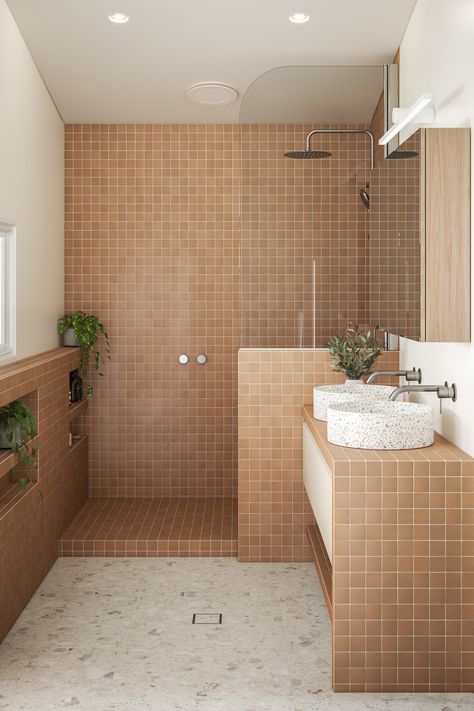 Casual Bathroom room ideas. Terracotta Dream Bathroom. By Temple & Webster Terracotta And White Bathroom, Olive Tile Bathroom, Terracotta Bathrooms, Bathroom Room Ideas, Terracotta Bathroom Ideas, Terracotta Tiles Bathroom, Casual Bathroom, Terracotta Interior Design, Terracotta Bathroom