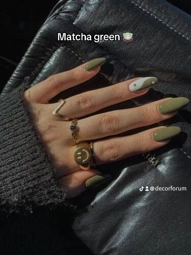 Olive Green French Tip, Olive Green French Tip Nails, Green Fall Nails Acrylic, Olive Green Nail Designs, Olive Green Nails, Olive Nails, Bridal Nails Designs, Chrome Nail Art, Fall Manicure