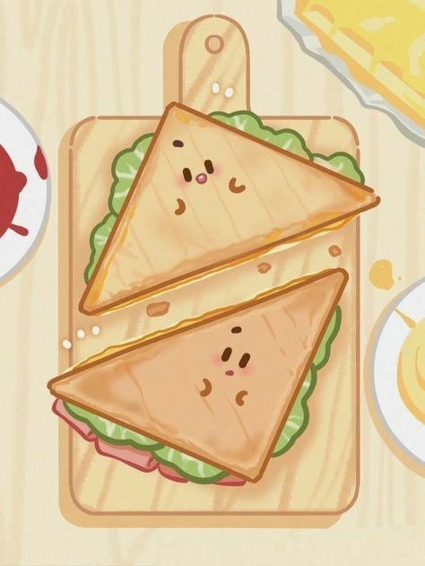 Sandwich Art Drawing, Sandwich Poster Design, Cartoon Sandwich, Sandwich Aesthetic, Photo Kawaii, Chibi Food, Food Doodles, 귀여운 음식 그림, Food Cartoon