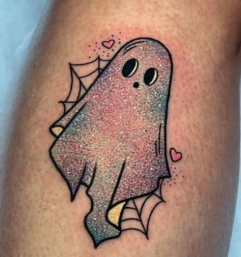 Halloween Glitter Tattoo, Glitter Ghost Tattoo, Glitter Tattoo Designs, Spooky Season Tattoos, Friend Halloween Tattoos, Glitter Style Tattoo, Girly Halloween Tattoos, Glitter Tattoo Permanent, Ghostie Tattoo