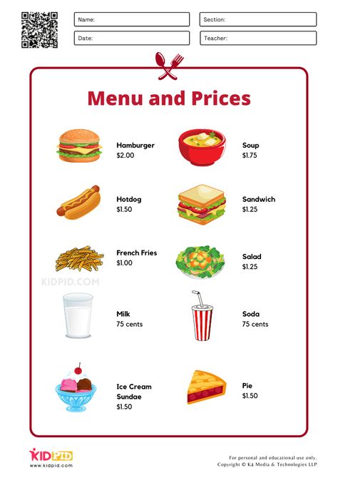 Colored Menu Math Printable Worksheets for Kids Kids Menu Ideas Restaurants, Pretend Restaurant, Kids Lunch Menu, Menu Math, Play Menu, Healthy Fats Foods, School Menu, Printable Worksheets For Kids, Mcdonald Menu