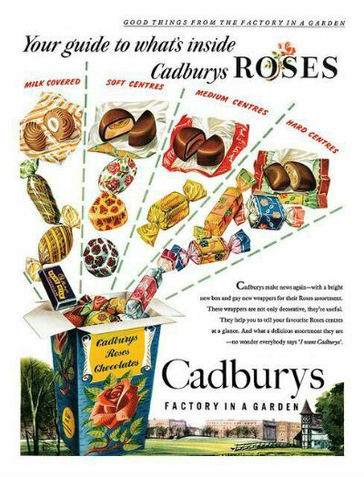 Cadbury Roses Chocolates 1954 Advertisement Candy Ads, Cadbury Roses, Old Sweets, Vintage Sweets, Retro Advertising, Food Ads, Retro Ads, Vintage Candy, Retro Recipes