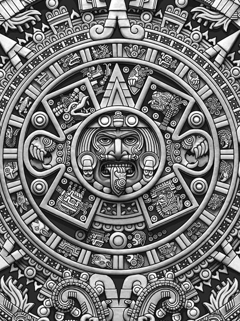 "Aztec Calendar Sun Stone - Greyscale" iPhone Case by Ninjangulo | Redbubble Aztec Statues, Aztec Warrior Tattoo, Aztec Tattoos Sleeve, Aztec Drawing, Iphone For Sale, Aztec Artwork, Aztec Symbols, Mayan Tattoos, Aztec Tattoos