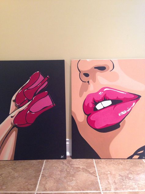 Pop art lips and heels duo. Acrylic painting in canvas. #canvaspaintingacrylic Pop Art Lips, Art Lips, Heart Painting, Small Canvas Art, Pop Art Painting, Arte Inspo, Art Pop, Diy Canvas Art Painting, Art And Illustration