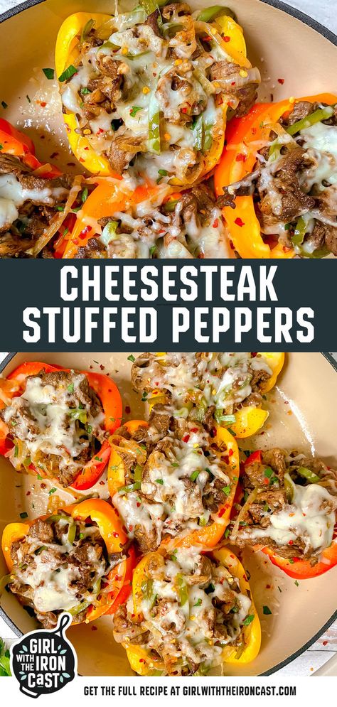 This cheesesteak stuffed peppers recipe is a delicious low-carb dinner, filled with marinated, thinly sliced rib-eye steak, sweet caramelized onions, and topped with gooey provolone cheese. Baked to perfection, they offer all the savory flavors of a classic Philly cheesesteak, without the carbs. Cheese Steak Stuffed Peppers, Steak Stuffed Peppers, Philly Cheese Steak Stuffed Peppers, Cheesesteak Stuffed Peppers, Stuffed Peppers Recipe, Red Meat Recipes, Rib Eye, Provolone Cheese, Ribeye Steak