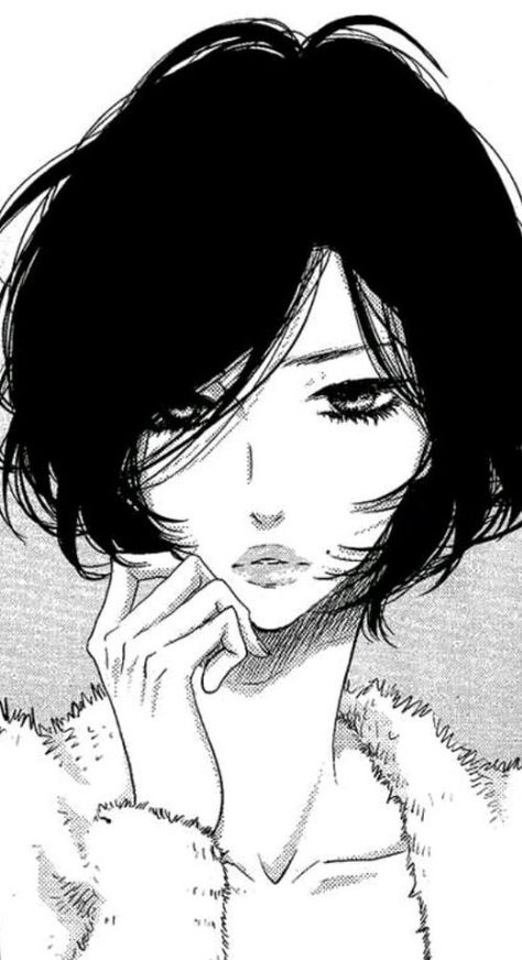 Short Haired Manga Girl, Hair Anatomy Reference, Anime Woman Hair Reference, Short Hairstyle Women Drawing Reference, Curly Short Hair Drawing, Short Haired Anime Woman, Anime Short Black Hair, Rock It Girl Manga, Older Woman Drawing