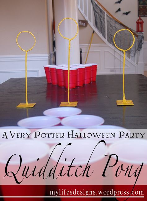 Quidditch Beer Pong, Harry Potter Beer Olympics, Harry Potter Beer Pong, Table Quidditch, Quidditch Pong, Beer Pong Rules, Harry Potter Christmas Party, Harry Potter Table, Halloween Brunch